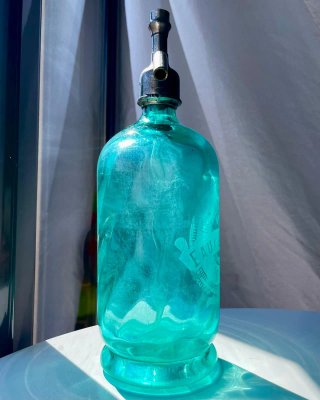 ✅ Antiguo Sifón de Bolbec, Francia. Azul Turquesa