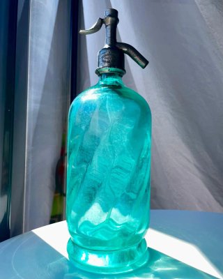 ✅ Antiguo Sifón de Bolbec, Francia. Azul Turquesa