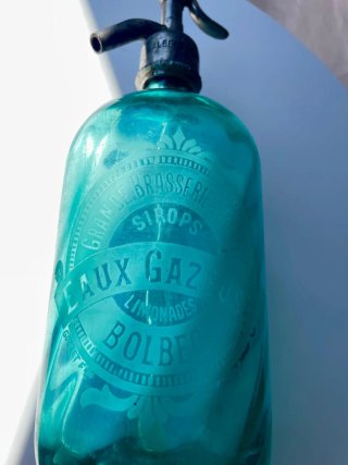 ✅ Antiguo Sifón de Bolbec, Francia. Azul Turquesa