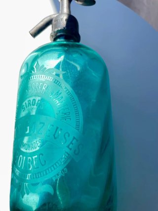 ✅ Antiguo Sifón de Bolbec, Francia. Azul Turquesa