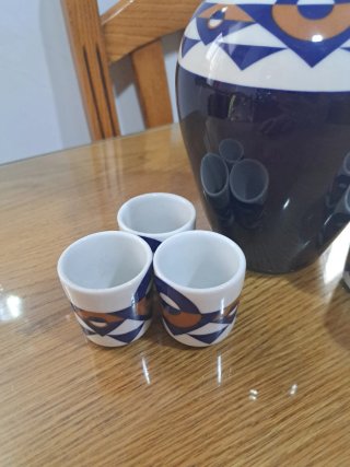 Juego Licorera Vasos Cerámica Azul Marrón