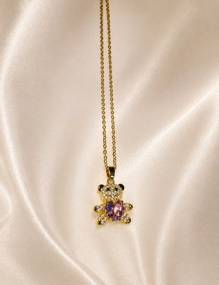 Collar Oso Corazón rosa con ligero chapado de Oro