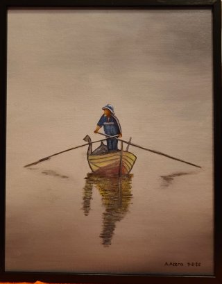 Cuadro al óleo: Barquero en el agua