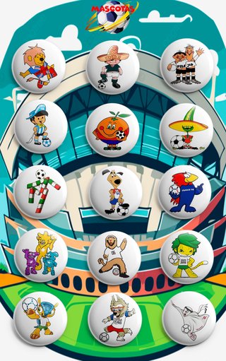 PACK CHAPAS MASCOTAS MUNDIALES FÚTBOL