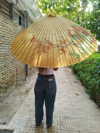 Parasol Vintage Bambú y Tela Amarilla