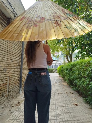 Parasol Vintage Bambú y Tela Amarilla