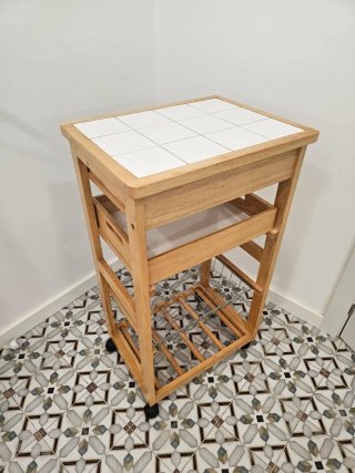 Carrito cocina madera y cerámica blanca