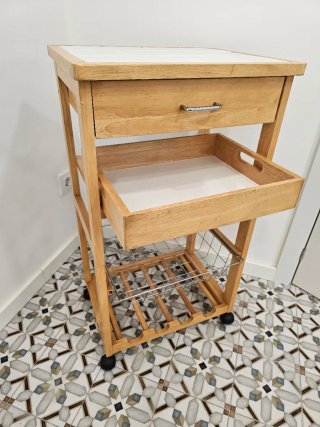 Carrito cocina madera y cerámica blanca
