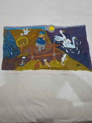 Pintura infantil niño tocando flauta patos