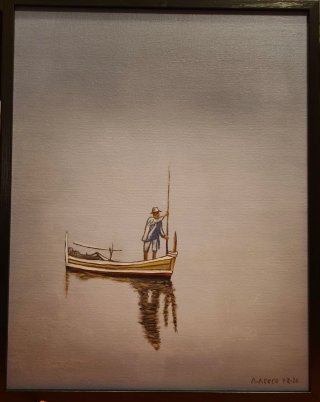 Cuadro al óleo: Pescador en barca
