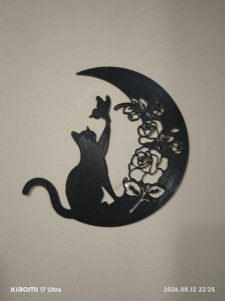 Decorazione Gatto Luna Fiori Nero Metallo