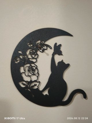 Decorazione Gatto Luna Fiori Nero Metallo