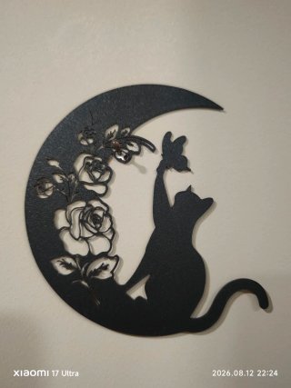 Decorazione Gatto Luna Fiori Nero Metallo
