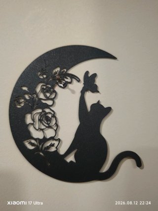 Decorazione Gatto Luna Fiori Nero Metallo