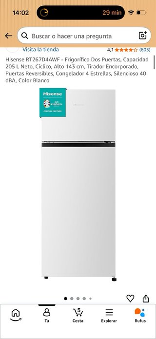 Frigorífico Nevera Hisense congelador alto 143cm