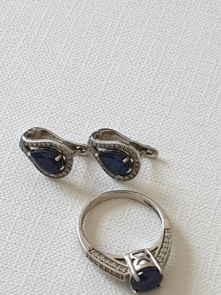Conjunto Plata Anillo y Pendientes Piedras Azules