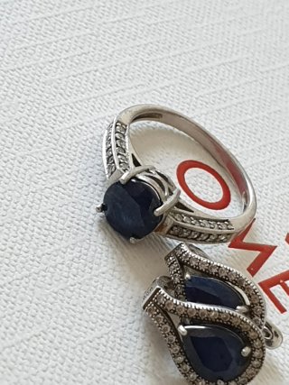 Conjunto Plata Anillo y Pendientes Piedras Azules