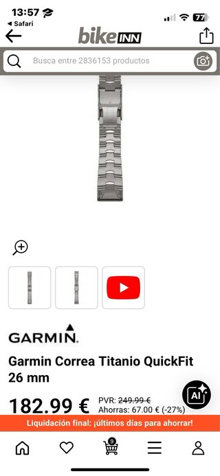 Correa Garmin Fenix 5x,6x,7x,8x y otraTitanio 26mm