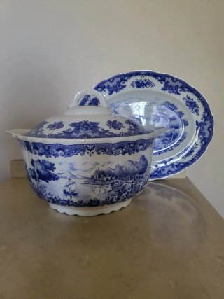 Juego Tazas Café Porcelana Azul y Blanco