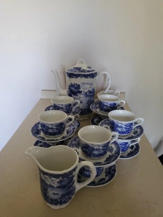 Juego Tazas Café Porcelana Azul y Blanco