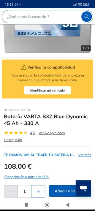 Batería Varta B32 12V 45Ah 330A