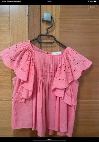 Blusa Mango Rosa Volantes y Bordados