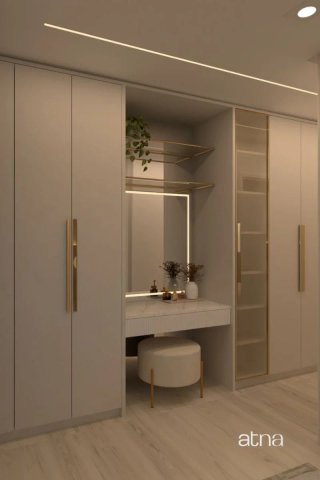 Armarios modulares de madera color beige y blanco