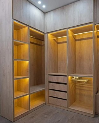 Armarios modulares de madera color beige y blanco