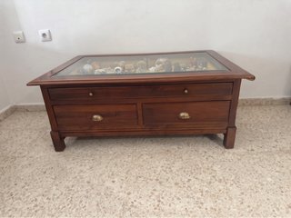 Mesa centro madera maciza 2 cajones cristal