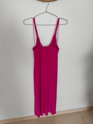 Vestido largo fiesta tirantes fucsia y blanco