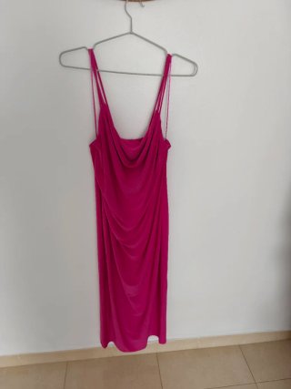 Vestido largo fiesta tirantes fucsia y blanco
