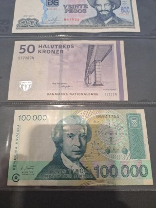 Lote 4 Billetes Varios: Cuba, Dinamarca, Croacia