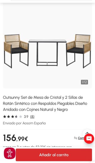 Conjunto mesa terraza y 2 sillas exterior