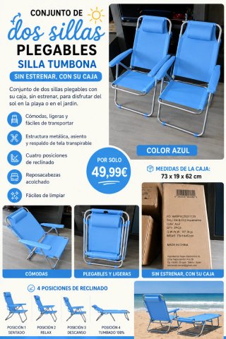 2 Sillas Plegables Tumbona Playa AZUL