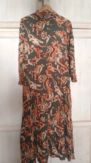 Vestido Otoño Estampado Verde y Naranja Talla M