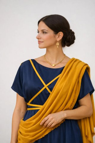 Traje Romana azulón con manto ocre