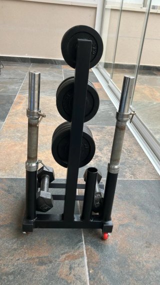 Rack discos de pesas, barras y base mancuernas