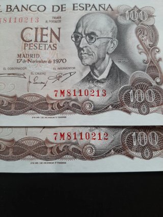BILLETES DE 100 PESETAS DE 1970 PAREJA CORRELATIVA