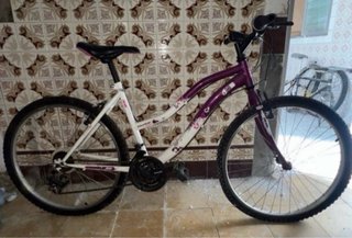 Bicicleta de montaña morada y blanca