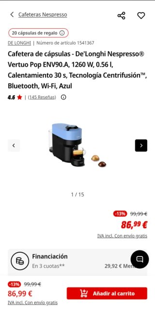Cafetera Nespresso Vertuo Pop Dorada