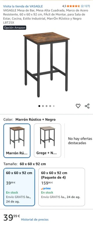 Mesa de Bar VASAGLE Marrón Rústico y Negro