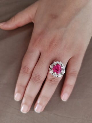Anillo Plata Corazón Rubí Sintético y Marquesitas