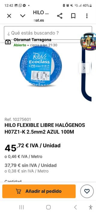 Cable Eléctrico H07Z1-K (AS) 1x6mm² 50m cable 1.5