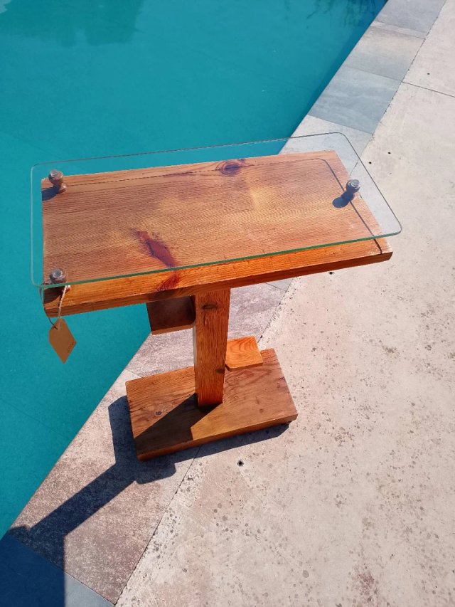 Mesa auxiliar Art Deco madera y cristal. S.XX