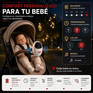 Mecedora Bebe Eléctrica BT,Luz LED, Ruido blanco..