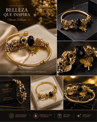 Pulsera con mariposa, flor y piedra negra
