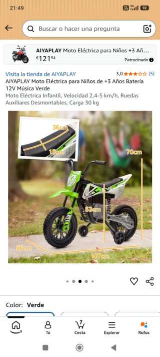 Moto Eléctrica Infantil AIYAPLAY 12V Verde