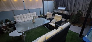 Conjunto 8 plazas: Sofá, sillones y mesa cristal
