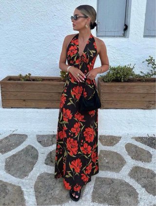 Vestido largo floral negro y rojo