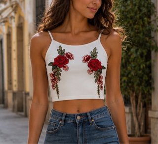 Top blanco con flores rojas bordadas
